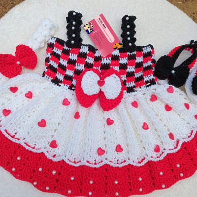 1-12 Months Handmade Crochet Baby Girl Dress with Booties & Headband   Red White