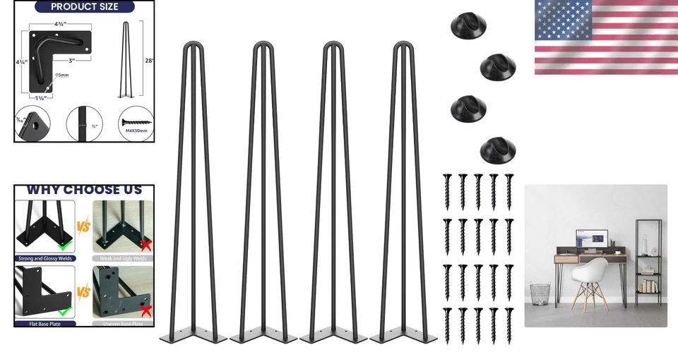 Versatile 28 Inch Hairpin Legs, 4PC Set with Floor Protectors, 800lbs Capacity - Image 2 of 4