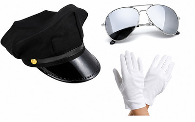 Chauffeur Set (Mütze, Brille & Handschuhe) Piloten Limo Fahrer Set Kostüm