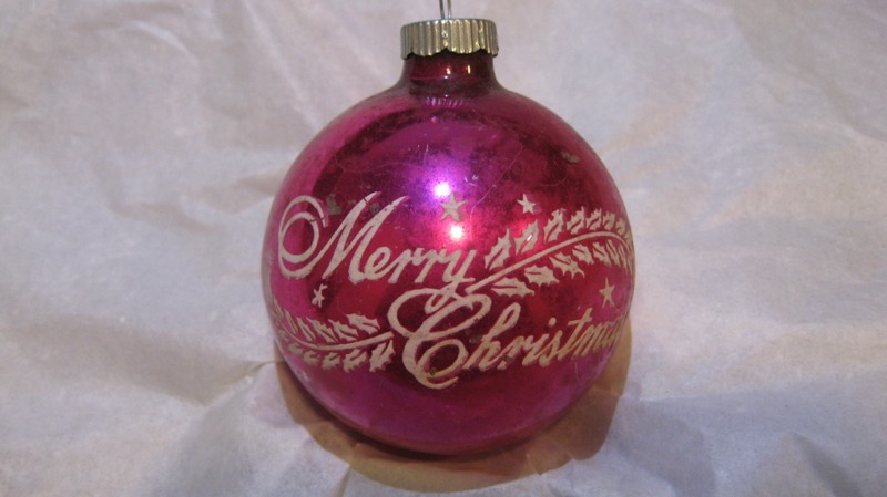 Vintage Shiny Brite Pink Merry Christmas Glass Stencil Ornament