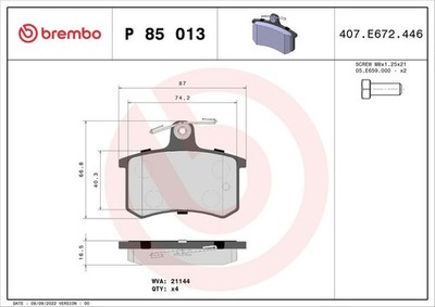 Brake Pad Set, Disc Brake BREMBO P85013 (1 Set - 4 Pieces)