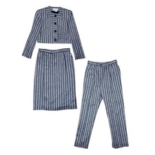 3 Piece Vintage Silk Carlisle Navy Blue Stripe Set Blazer Skirt Trousers Sz 6-8