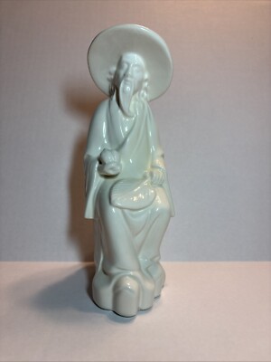 Vtg Ceramic Oriental Asian White Wise Old Bearded Man Hat Statue Figurine 8 3/4''
