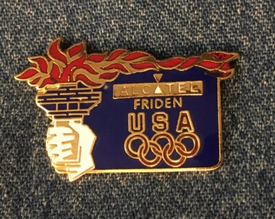 Olympic Pin~1988 Calgary & Seoul Games~USA Team Sponsor~Friden-Alcatel ~ Torch