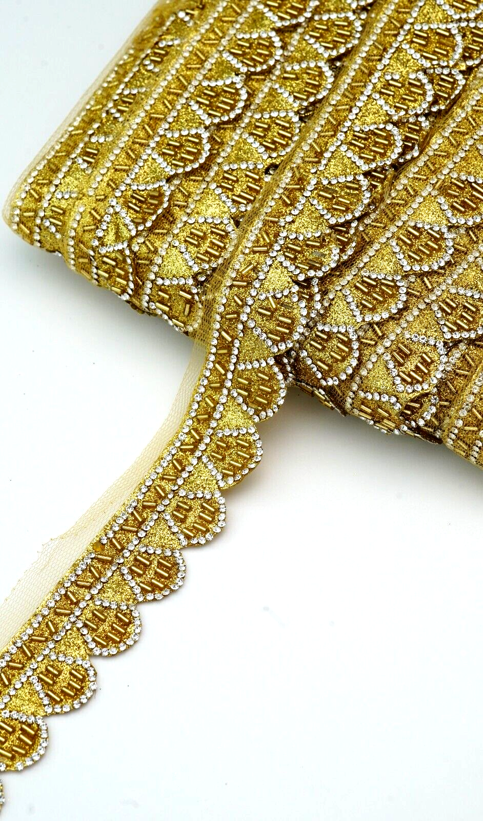 Gold Metallic Crystal Diamond Ribbon Trim 1 Yrd Glittering Bling Rhinestone