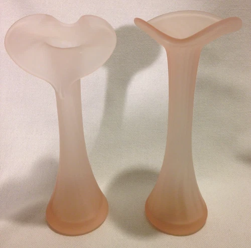 2 Vintage Jack in the Pulpit Pastel Pink Frosted Satin Glass 8" Bud Vases