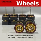 5 Sets - Gold Redline 5 Spoke10mm/12mm Staggered for Hot Wheels