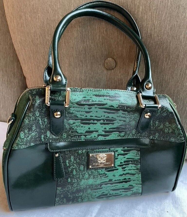 Original by Sharif Green Carpet Bag Purse w/ Dust Bag Double Top Handle Leather