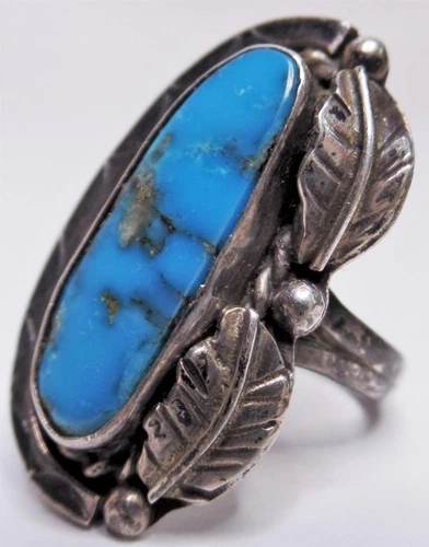 EARLY OLD PAWN NAVAJO SOUTHWEST LONG STERLING FEATHER MORENCI TURQUOISE RING