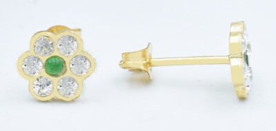 LAB CREATED SMARAGD & WEISSER SAPHIR BLUME OHRSTECKER 14K GELBGOLD - NEU MIT ETIKETT