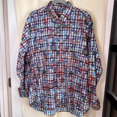 Visconti Block Designer Plaid Button Down Shirt Cotton Modal Abstract Pattern-XL