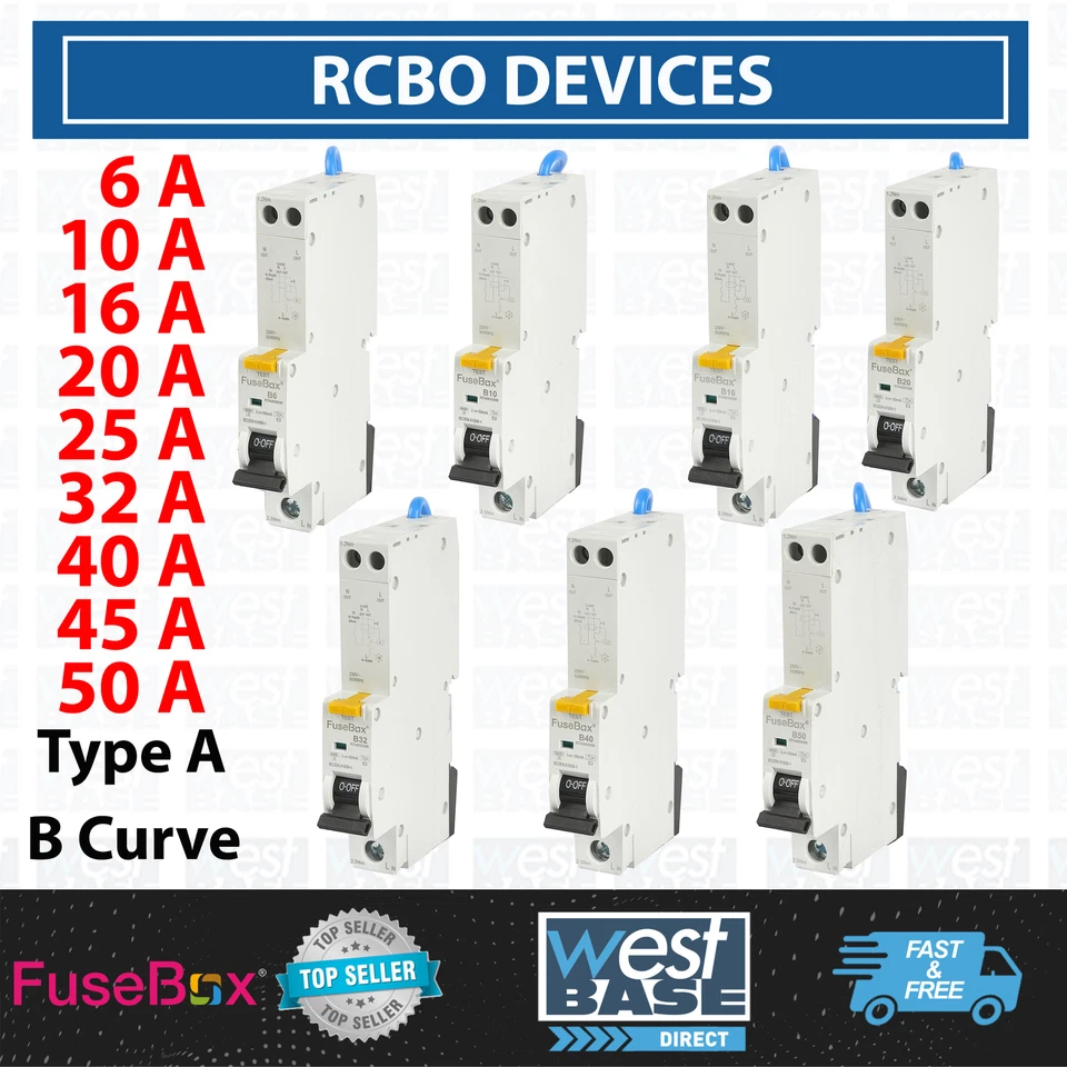FUSEBOX RCBO SINGLE POLE 6A 10A 16A 20A 25A 32A 40A 45A 50A 30mA B Curve Type A
