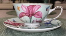 GRACE TEAWARE PINK PURPLE IRIS FLOWERS BUTTERFLIES TEACUP and SAUCER
