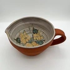 Art Pottery Terra Cotta Earthenware Batter Bowl Yellow Floral Glazed Interior