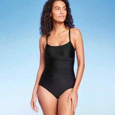 Kona Sol Full Coverage Shirred Front One Piece Swimsuit Women's Black Small