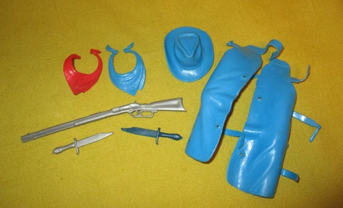 Vintage Marx Johnny West Adventure Blue, Red, & Silver Accessories