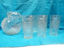 Vtg Anchor Hocking Diamond Point Tilted Ball Pitcher 64 oz & 5 Tumblers 16 oz