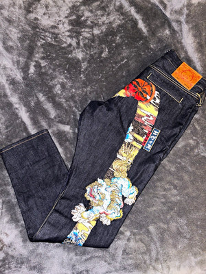 EVISU Heritage Men s Dark Wash Blue Straight Jeans Cotton Denim Zip 5-Pocket