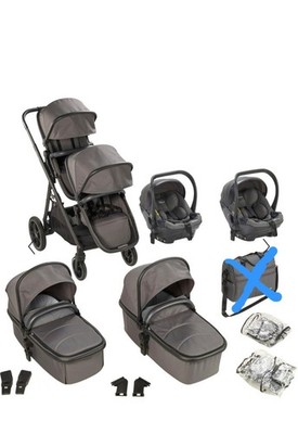 Twin/Sibling Gray Stroller Set. With infant car seats with adapters.