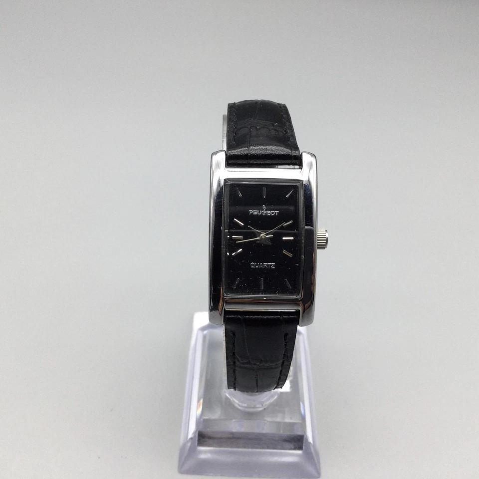 Relógio social Peugeot Tank feminino 20mm mostrador preto pulseira de couro nova bateria - Imagem 2 de 4