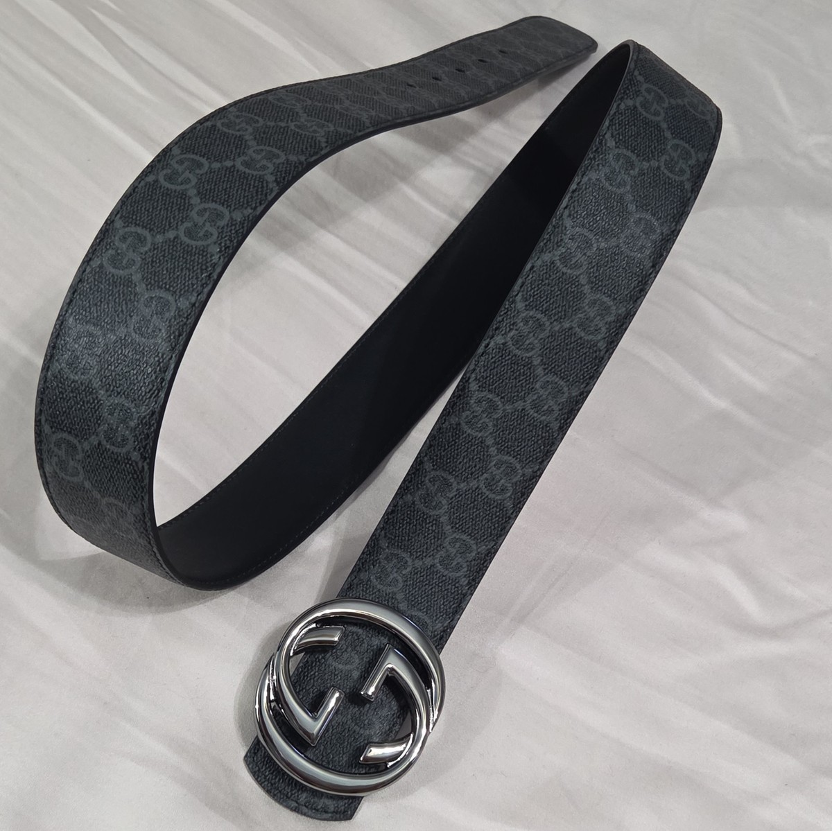 Reversible Gucci Monogram Belt Black Dark Silver GG Belt Buckle 34