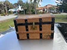 Antique Small Victorian Wood Chest Trunk Paper Accents  Metal Storage
