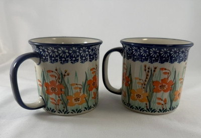 Pair Orange Flower Polish Pottery Mugs #172 Signed G Natkowska Unikat 12 oz