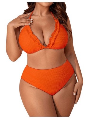 BEAUDRM Plus Size 3 Piece Bikini Swimsuit Women s Size 0XL Orange Textured Sexy