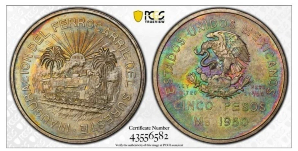 1950-México Prata 5 Pesos-Estrada de Ferro do Sudeste-PCGS MS 63-Elite Tom Colorido - Imagem 3 de 4