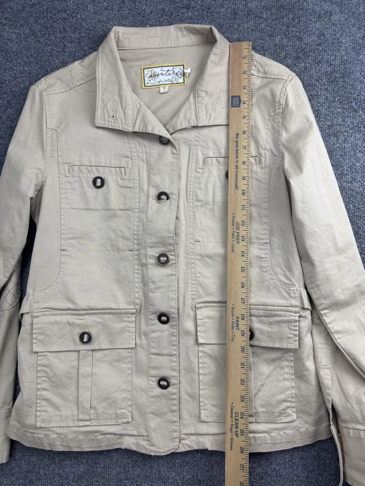 Chaqueta Aventura para mujer grande beige algodón orgánico utilitario safari bolsillos de campo Foto 3 de 4