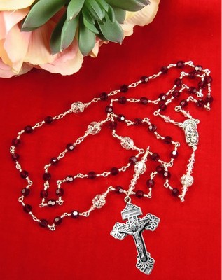 Handmade Unbreakable Catholic Rosary: Ruby Czech Crystal  Pardon Crucifix