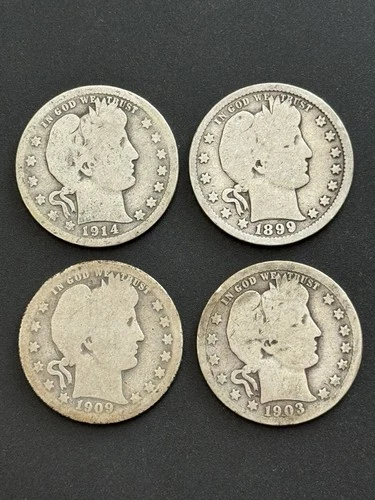 4 1899 1914 1903 O 1909 O Barber Quarter Silver Coin 25C Lot 90%