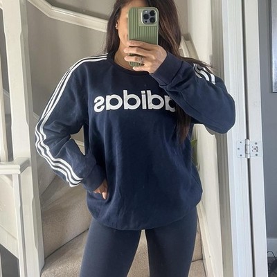 Adidas Sweatshirt Gr. L Unisex Streetwear Retro Y2K lose blau/weiß Spellout