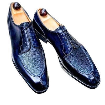 Handmade Derby Lace Up Navy Blue Original Leather Dress Office Shoes For Men.