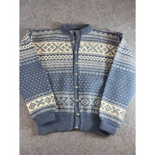 VTG 70s 80s Nordic Fair Isle Wool Cardigan Mens M Blue Metallic Button Grandpa
