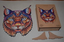 WOODEN PUZZLE MODERN MOSAIC MYSTERIOUS LYNX COMPLETE WOOD BOX DISPLAY FRONT EUC