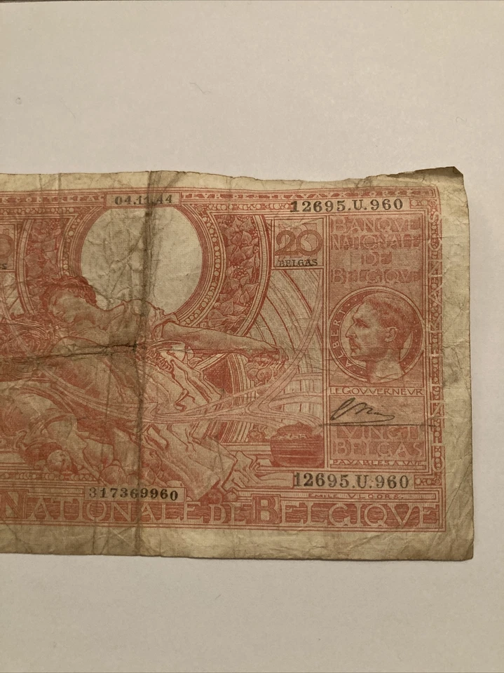Belgium 100 Francs 20 Belgas 1944 Banknote (1 note) Vintage classic  - Image 3 of 4
