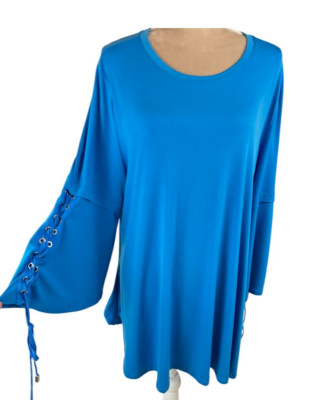 I.C. By Connie K Womens Sz 1X Tunic Top Blue 3/4 Bell Sleeve Tassels Pockets USA