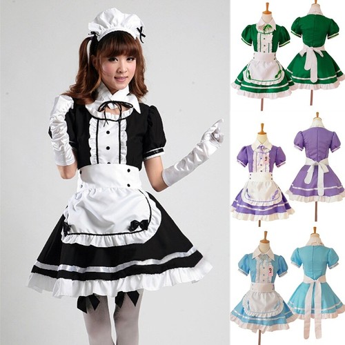 Women Maid Dress Striped Ruffle Apron Lolita Waitress Costume Japanese Cosplay - Picture 3 of 18