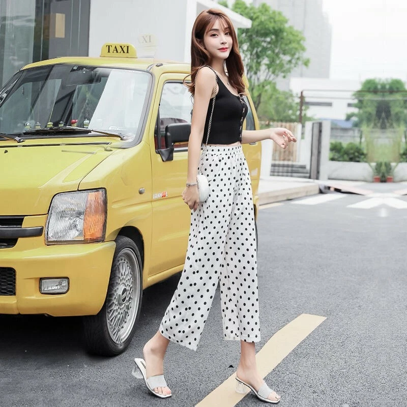 Summer Capri Pants High Waist Women New Fashion Polka Dot Wide Leg Trousers  Girl