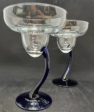 Set Of 2 Libbey Cobalt Blue Bravura Margarita 8 oz. Glasses Curved Offset Stem