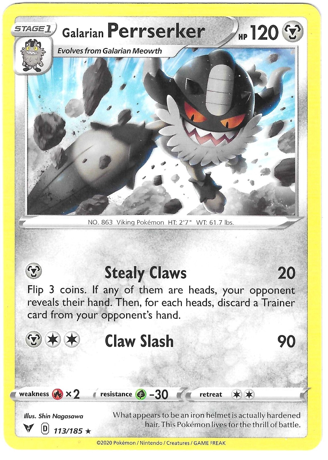 POKEMON VIVID VOLTAGE RARE GALARIAN PERRSERKER 113/185 NM/MINT PACK FRESH