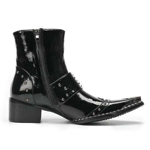 Men' S Black Leather Western Boots Motorcycle Boot Punk Rock Riveting Metal Toe - Bild 5 von 9