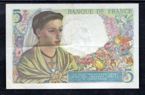 FRANCE 1943 5 FRANCS BANKNOTE P98a EXTREMELY FINE ~N14 - Picture 2 of 2