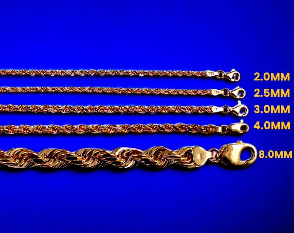 Brazalete de cuerda sólido de oro rosa de 14 quilates cadena corte diamante hombres mujeres 2 mm-6 mm 7"-9" Foto 2 de 4