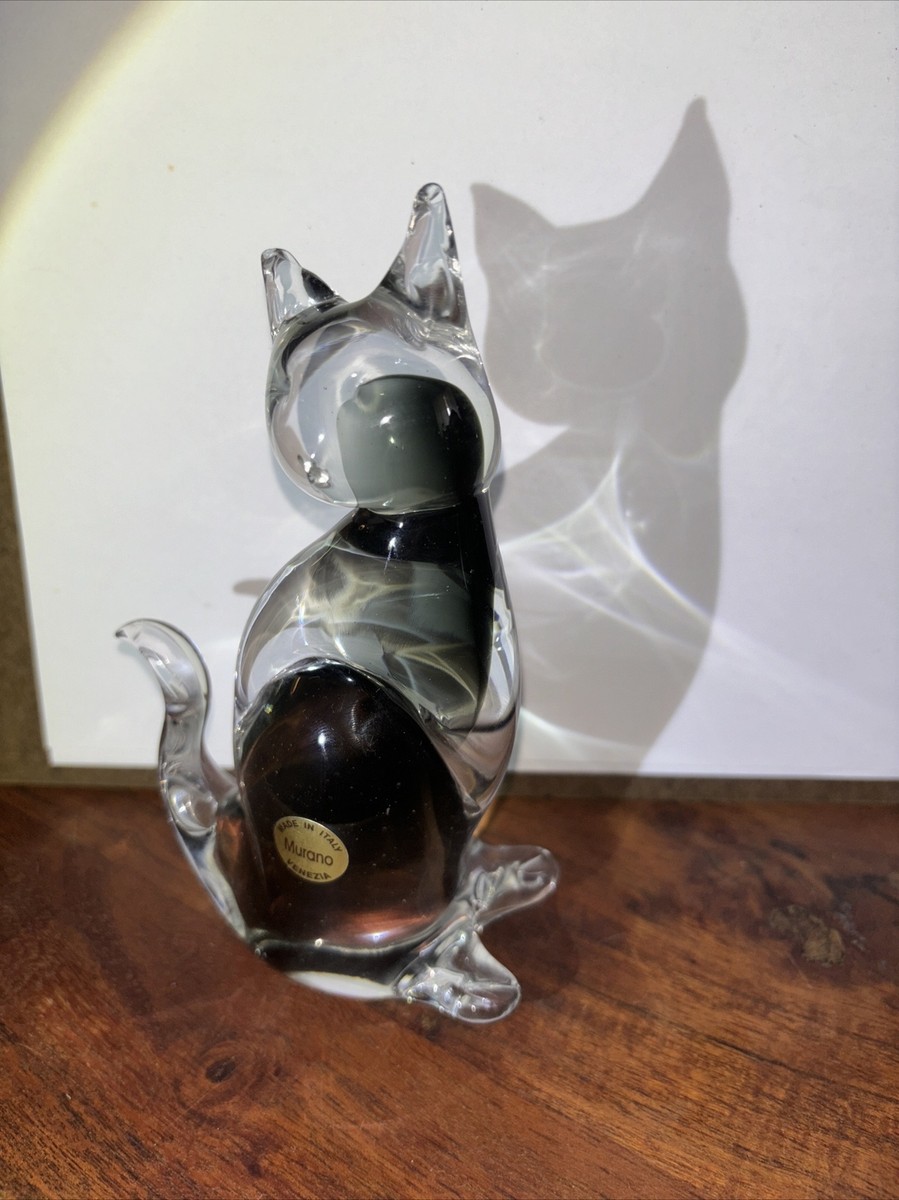 Murano Venezia Glass Cat Figure Handmade In Italy Clear Smokey