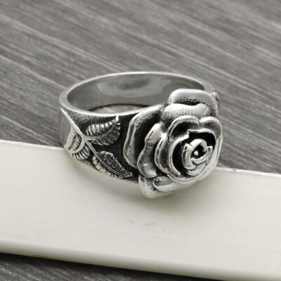 Solid 925 Sterling Oxidized Silver Rose Flower Floral Ring Handmade Jewelry Gift