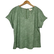 Melloday Womens V-Neck Short Sleeve Printed Top Size Large Green Boxy