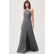Jenny Yoo Kayla Long Formal Chiffon Dress Halter Open Back Slit Denmark Blue
