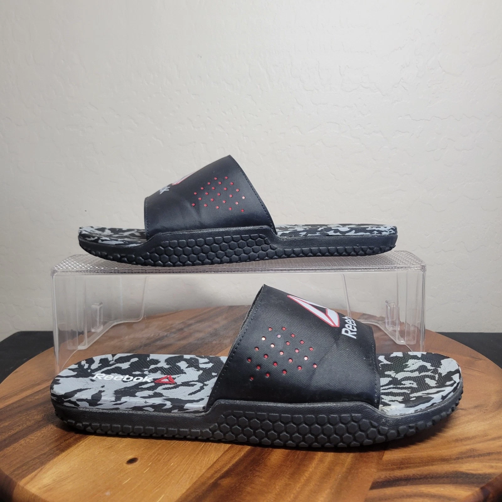 Reebok Sandali Uomo Slide Slip On Nero Geometrici Mimetici Pervade Doppia Taglia 12